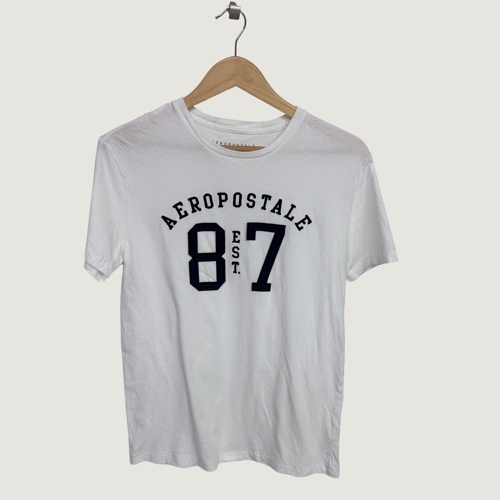 Aeropostale Womens White Graphic T-Shirt Est 87 Applique Crew Neck Small